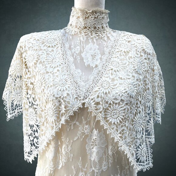 VTG 80s JESSICA MCCLINTOCK Ivory Lace Victorian Style Wedding Dress High Neck 6 - Picture 1 of 12